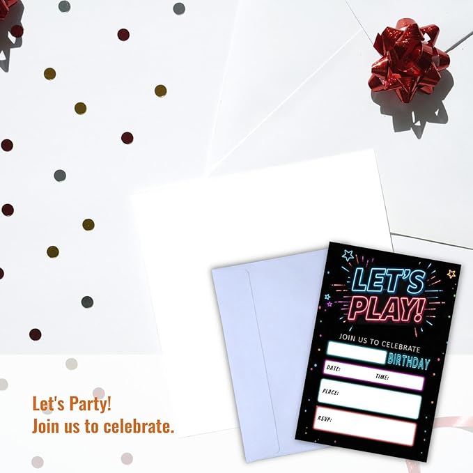 Birthday Party Invitations Let's Play Card Neon Starlight Kit, 25 Pcs 4x6 Inch, Modern Flashing Dark Black Invites for Boy Girl Kids Teens