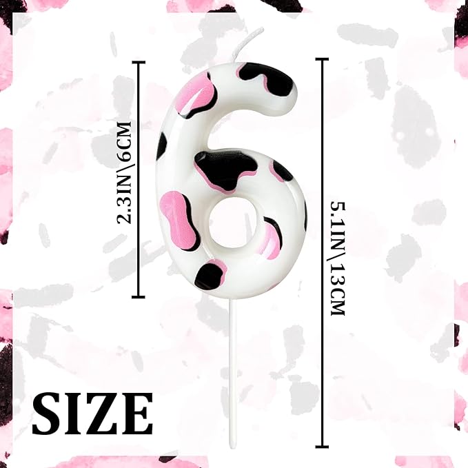 Number 6 Birthday Candle for Cake – Cow Print Design in White Black Pink – Farm Theme & Cowgirl Party Cake Topper Decoration