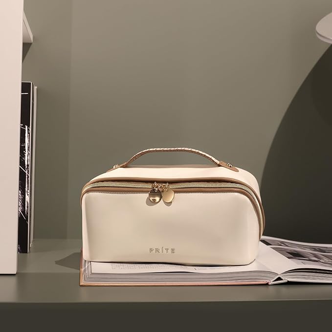 Prite Makeup Bag for Women Travel Waterproof Vegan Leather Cosmetic Bag Open Flat Toiletry Bag With Clear Divider and Handle (Beige, Large)