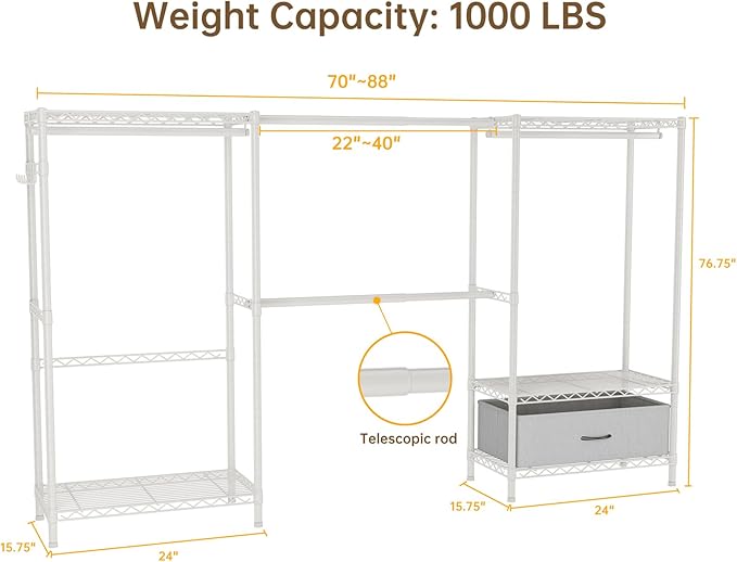 Golpart Coat Rack Clothes Wardrobe：Closet Organizer and Storage Clothing Garment Rack with Shelves Heavy Duty for Hanging Clothes Portable Adjustable White 15.8" DX(70-88)" WX76.5 H