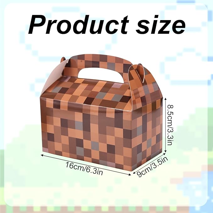 18pcs Pixel Theme Gift Box Bags, 2 Colors Pixel Candy Treat Boxes with Handles Video Game Goodie Party Favors for Boy Girls Birthday Game Party Supplies (Green & Brown)