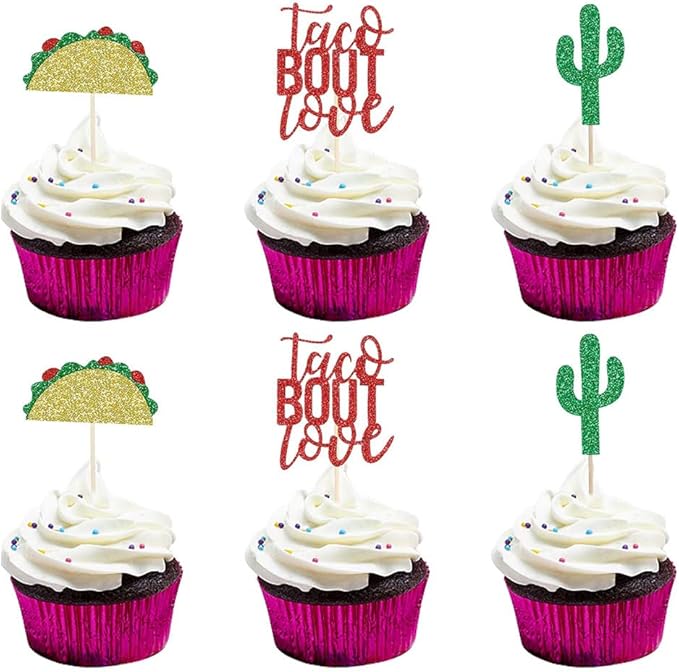 Taco Bout Love Cupcake Toppers Mexican Taco Cupcake Toppers for Mexican Fiesta Taco Themed Bridal Shower Bachelorette Wedding Birthday Party Cake Decorations - 24 pcs