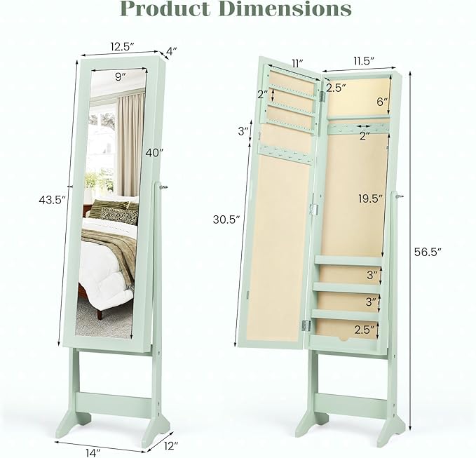 Giantex Jewelry Armoire with Full Length Mirror, Standing Jewelry Cabinet Organizer with 3 Tilting Angles, Bedroom Dressing Mirror with Large Storage for Earrings, Rings, Necklaces, Sage
