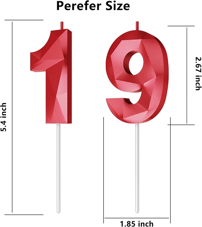 Number Birthday Candles(19 Candle Red) 3D Diamond Shape Number Happy Birthday Cake Candles for Birthday Party Wedding Decoration Reunions Theme Party