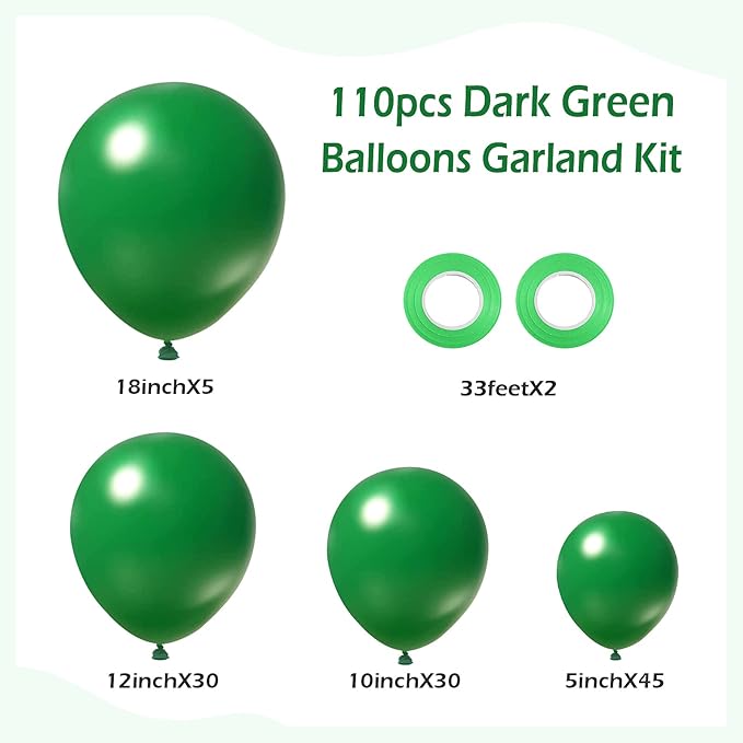 FOTIOMRG 110pcs Dark Green Balloon Garland Arch Kit, 18 12 10 5 inch Dark Green Latex Balloons Different Sizes Pack for Birthday Graduation Baby Shower Jungle Christmas Party Decorations