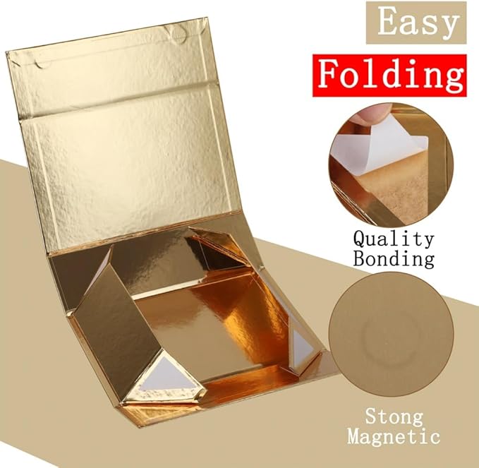 UoeRing 1 Pcs Gold Gift Box 11.5x8x4 inch Luxury Gift Box for Presents with Magnetic Lid Collapsible,Birthday,Christmas,Contains Card, Ribbon, Tissue Paper,Shredded Paper Fille