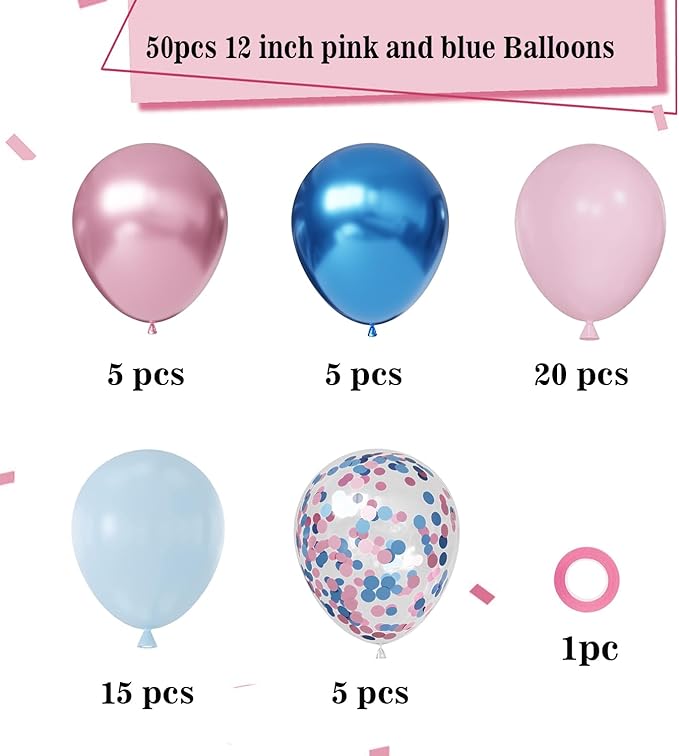 Pink and Blue Balloons, 50pcs 12 inch Metallic Blue Pink Confetti Balloons for Baby Shower Theme Party Supplies Gender Reveal Birthday Party Decorations