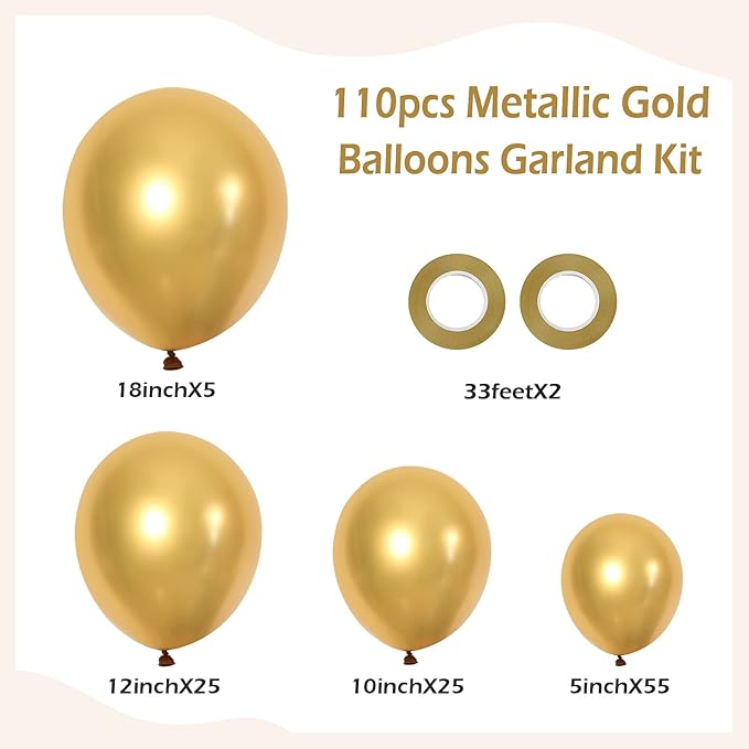 FOTIOMRG 110pcs Metallic Gold Balloon Garland Arch Kit, 18 12 10 5 inch Chrome Gold Latex Balloons Different Sizes Pack for Birthday Graduation Baby Shower Wedding Party Decorations