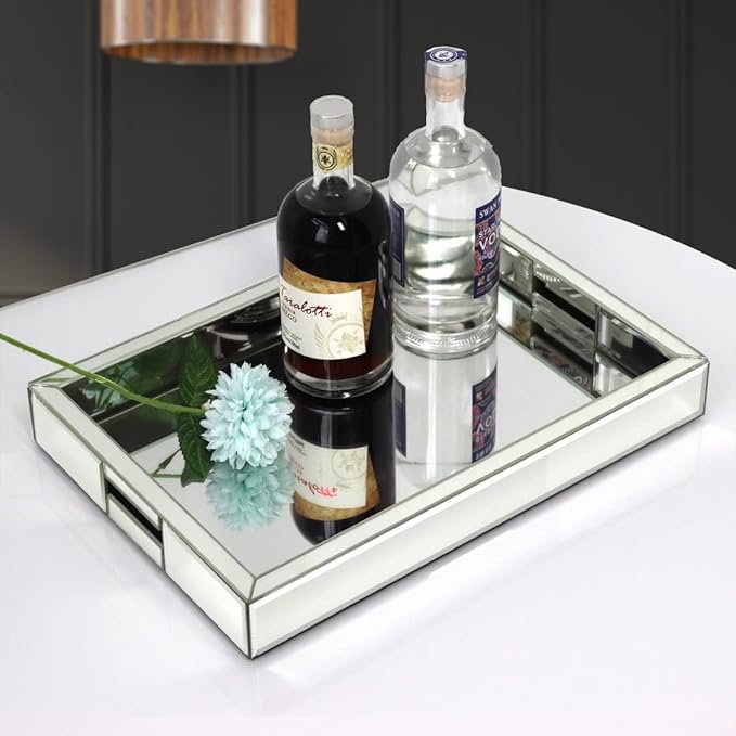 Rectangle Silver Mirror Decorative Tray Size 11” Length x 14” Width x 2” Height, Mirrored Vanity Organizer with Hand, Markup Perfume Jewelry Tray for Bathroom Bedroom Dresser Coffee Table qmdecor