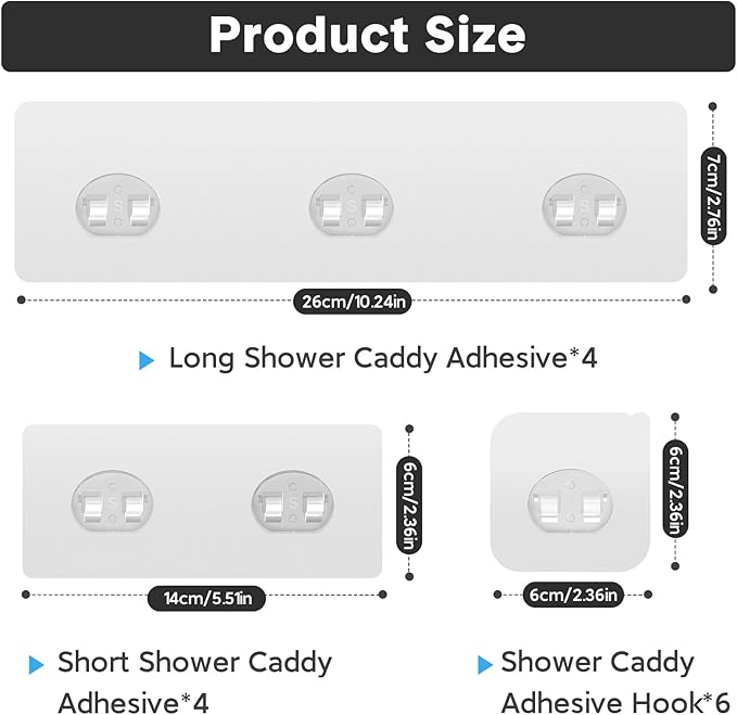 14 Pack Shower Caddy Adhesive Replacement, Strong Adhesive Hooks, Waterproof Shower Adhesive Strips, No Drilling, for Bathroom Storage Shelves and Kitchen Racks