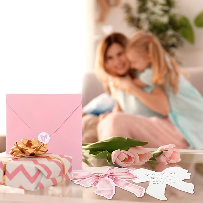 Marspark 25 Set Pink Bow Birthday Invitation Coquette Bow Paper Card with Envelopes and Stickers Wedding Birthday Bachelorette Invitation Party Supplies for Baby Shower Girls Dinner Favors, 5 x 6 Inch