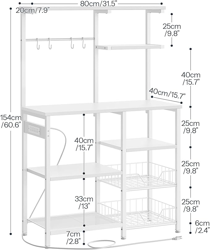 HOOBRO Large Bakers Rack with Power Outlets, 6-Tier Microwave Stand with 4 Hooks, Coffee Bar, Kitchen Shelf with Wire Basket, for Kitchen, Living Room, Office, White WW64UHB01