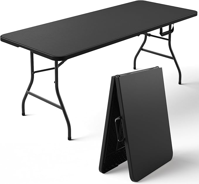 Folding Table, 6FT Foldable Picnic Table with Carrying Handle, Heavy Duty Fold-in-Half Portable Table for Weddings, Camping, RV Travel, Parties, BBQs, and Indoor Use, Easy to Fold and Store, Black