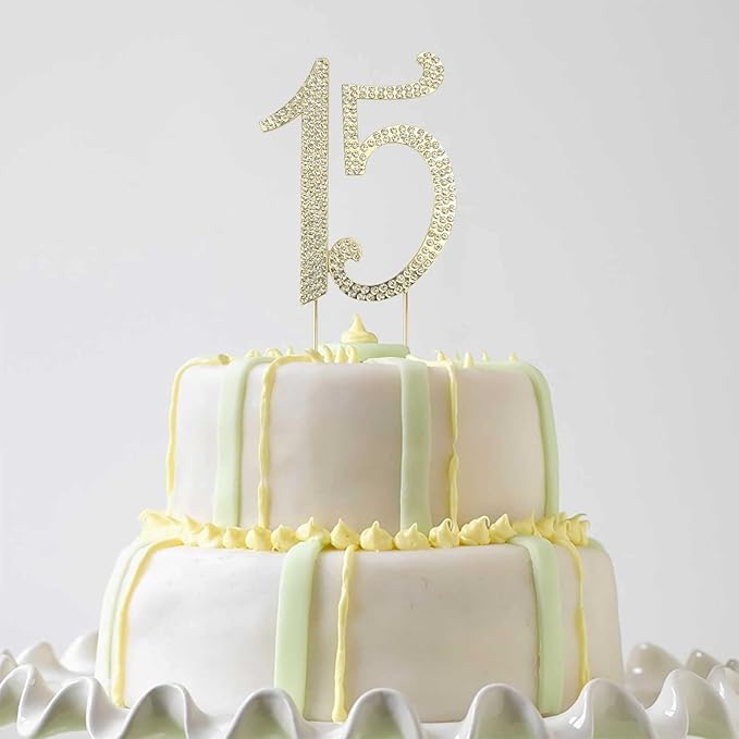 JANOU 15 Cake Topper Number 15 Crystal Rhinestones 15th Cake Decoration for Birthday Anniversary Party Decoratio (Gold)