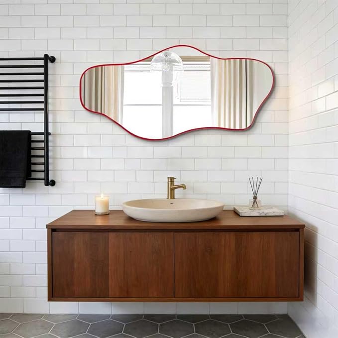 Irregular Tempered Glass Mirror, 35.8"x17.7" Red Asymmetrical Wall Mirror, Modern Abstract Frameless Mirrors for Living Room Bathroom Bedroom Entryway, Horizontal or Vertical Hanging