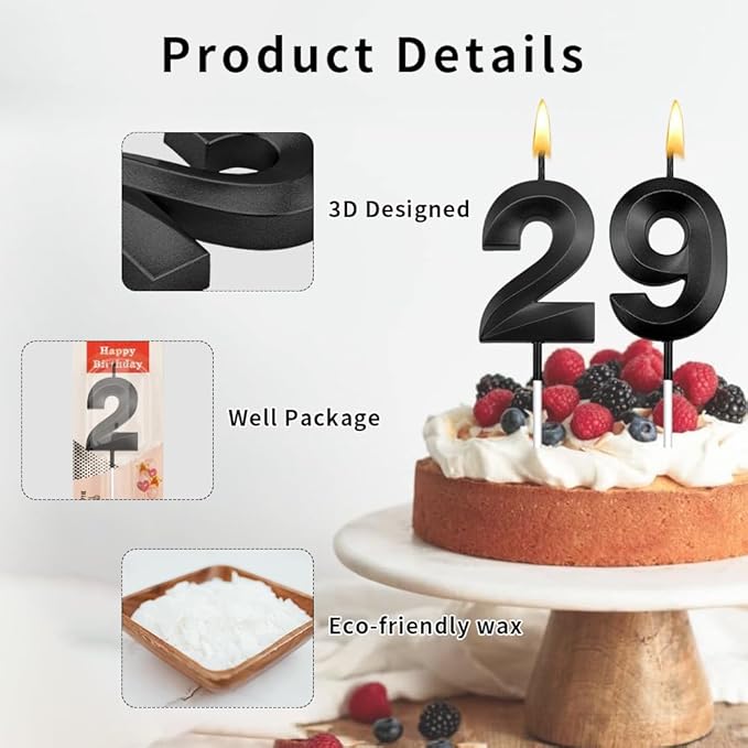 29th Birthday Candles 29 Candles for 29th Birthday Decorations for Boys Happy 29 Birthday Cake Topper Black Birthday Candles Black Number Candles (29)