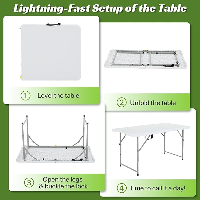 4FT Folding Table - Heavy Duty Portable Plastic Utility Table with Adjustable Height, Carry Handle. Indoor Outdoor Use for Camping, Parties, Picnics, Tailgating (4ft, White)