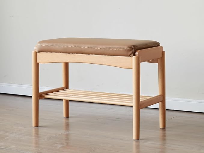 Solid Wood Shoe Bench Assembled, Shoe Rack Bench with Silicone Leather Cushion for Entryway, Living Room, Bedroom, Hallway, 11.8" x 31.5" x 16.5", Natural & Brown