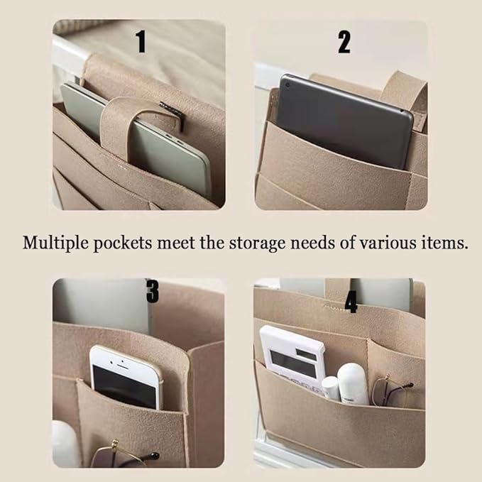 Bedside Caddy,Large Bed Caddy Hanging with Cord Slit, Bedside Remote Holder for Magazine,Books,Bunk Bed Accessories with Strong-Grip Loop Tape Sticky for Dorm, Bedroom, Sofa