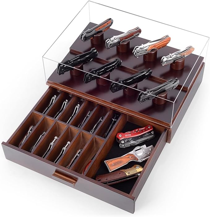 Knife Display Case, Pocket Knife Collection Display Holder, Folding Knife Wooden Showcase Display Organizer Storage with Drawers and Acrylic Cover, Surprise Gift for Men