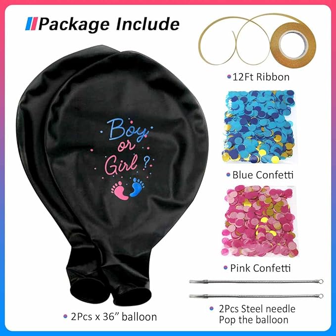 Gender Reveal Balloon Pop Ideas, 2pcs 36" Jumbo Black Baby Boy or Girl Balloons, with Blue Pink Confetti for Revelacion de Sexo de Bebe