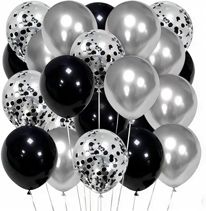 Black and Silver Balloons, 50pcs 12inch Metallic Chrome Silver Latex Balloons with Silver and Black Confetti Balloons for Birthday Wedding New Year Graduation Party Decorations