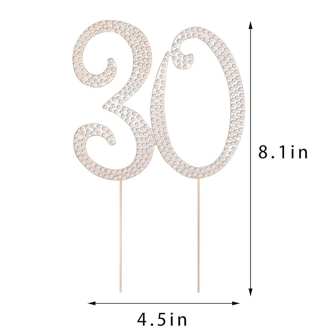 30 Cake Topper 30th Anniversary Birthday Wedding Diamond Cake Topper for Women Bling Rhinestone Cake Decoration Party Supplies Keepsake, Rose Gold