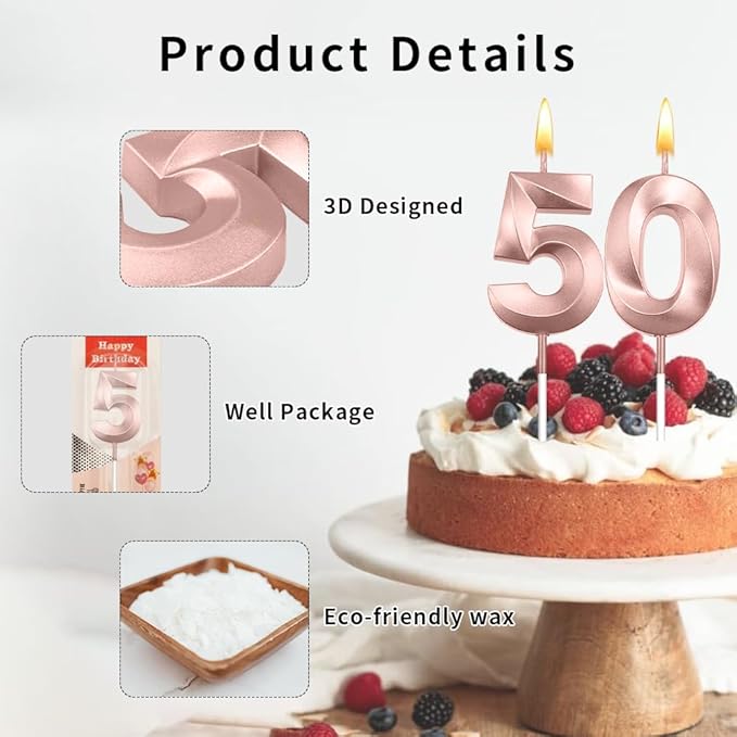 50th Candles Rose Gold, 50th Birthday Cake Topper with 50 Candles, Rose Gold Birthday Candles for Men & Women, 50 Birthday Decorations for Women Men Purple