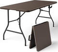 Folding Table, 5FT Foldable Picnic Table with Carrying Handle, Heavy Duty Fold-in-Half Portable Table for Weddings, Camping, RV Travel, Parties, BBQs, and Indoor Use, Easy to Fold and Store, Brown