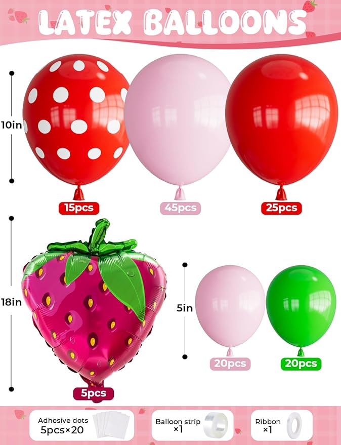 Strawberry Balloon Arch Garland Kit,130Pcs Pink Red Balloons with Large Strawberry Foil Balloon, Red Polka Dot, Green Balloon for Girl Berry First/Sweet One Birthday Party Decoration