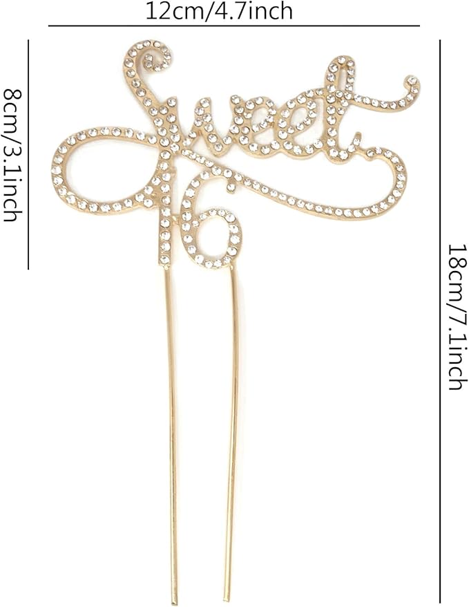 Honbay Sweet 16 Cake Topper Premium Sparkly Crystal Rhinestones Cake Topper Cake Decoration for 16th Birthday Party (Gold)
