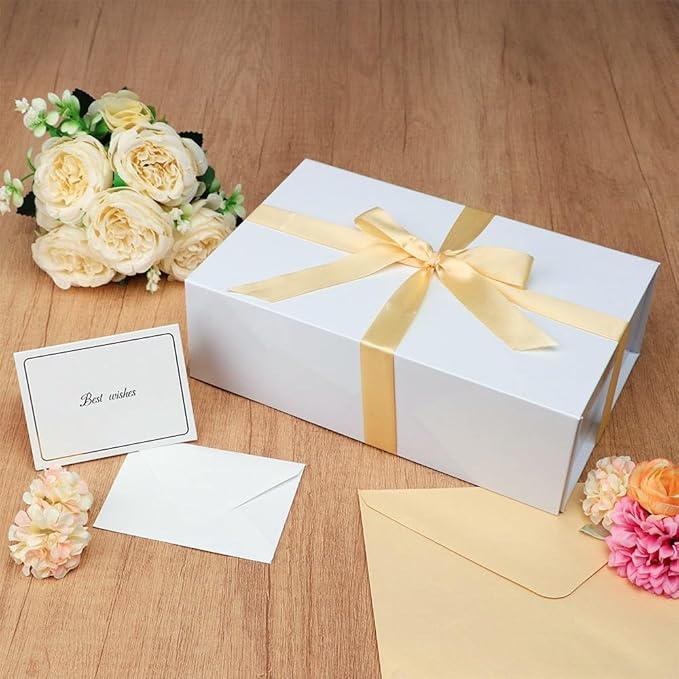UoeRing 1 Pcs White Gift Box,9.5x6x3 Magnetic Gift Box for Presents with Lids Rectangle Collapsible for Bridesmaid Proposal Box,Wedding,Christmas,Birthday Gift Packging with Ribbon Card Envelope