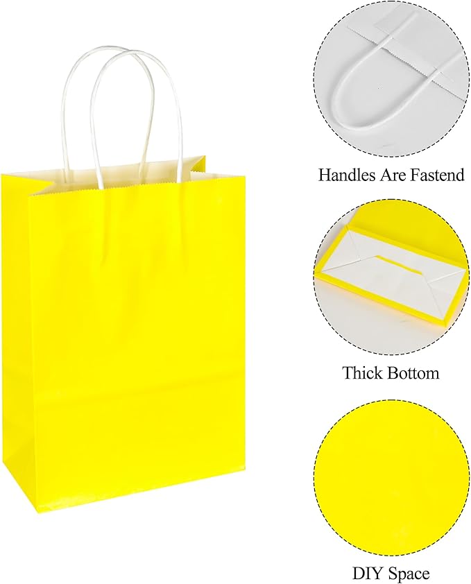BLEWINDZ 32Pcs Small Paper Gift Bags with Tissues, Yellow Party Favor Bags with Handles, 8.7" Goodie Bag for Birthday, Shopping, Party Supplies