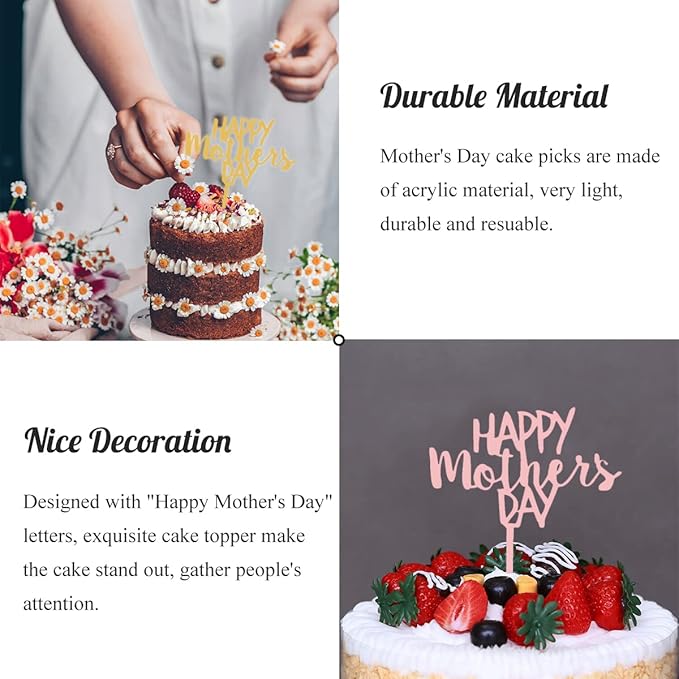 Happy Mothers Day Cake Topper, 10PCS Acrylic Glitter Mother's Day Cupcake Topper Decoration Picks for Birthday Mother's Day Cake Party Supplies (Gold -2)