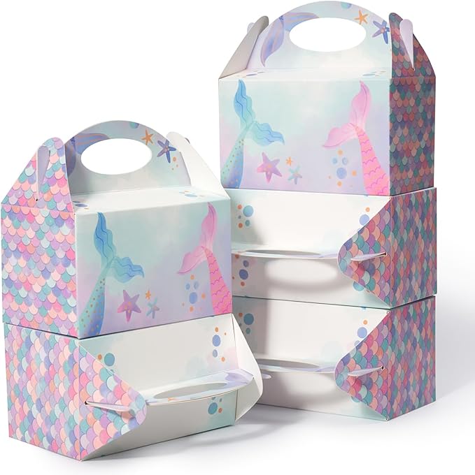 Shallive 25 Pcs Small Party Treat Boxes, 6 Inch Candy Cookie Goodie Gift Bags Gable Box for Kids Birthday Party, Mermaid