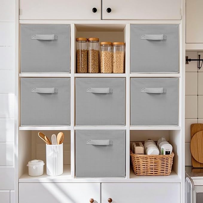 11 Inch Fabric Storage Bins, Storage Cubes, Collapsible Cube Storage Box, Fabric Closet Organizers with Handle for Home, Office, Shelf, Closets, Bedroom, Living Room, Grey, 5 Pack