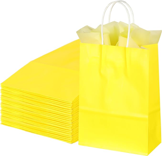 BLEWINDZ 32Pcs Small Paper Gift Bags with Tissues, Yellow Party Favor Bags with Handles, 8.7" Goodie Bag for Birthday, Shopping, Party Supplies