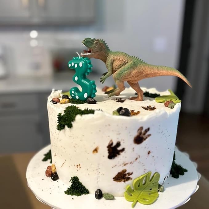 Number 2 Dinosaur Birthday Candles Set, Dino-Themed Cake Candle 2 2.75 Inch Green with 5Pcs Dinosaur Candles for Birthday Parties Celebration