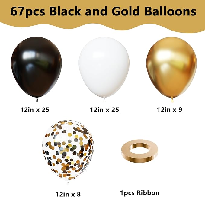 YMSZ Black and Gold Balloons, 67 Pcs 12 Inch Black White and Gold Confetti Party Balloons for Birthday, New Year, Graduation Party Decorations