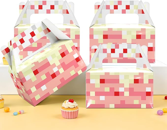 12 Pack Pixel Style Cake Party Favor Boxes with Handles, Mining World Theme Pink Cake Blocks Gift Boxes for Boys Girls Kids, Snack Containers for Cookies Cupcakes, Pixel Mining Game Party Decorations