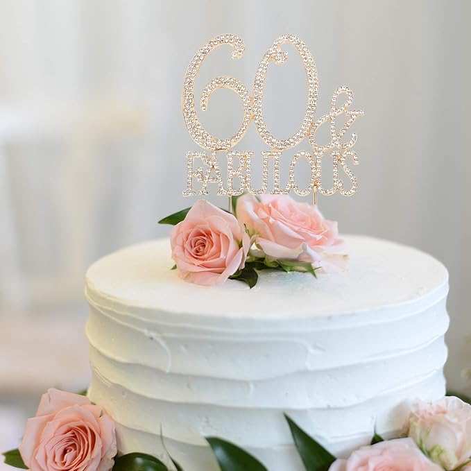 60 & Fabulous Cake Topper 60 Years Birthday Or 60th Wedding Anniversary Gold Crystal Rhinestone Party Decoration