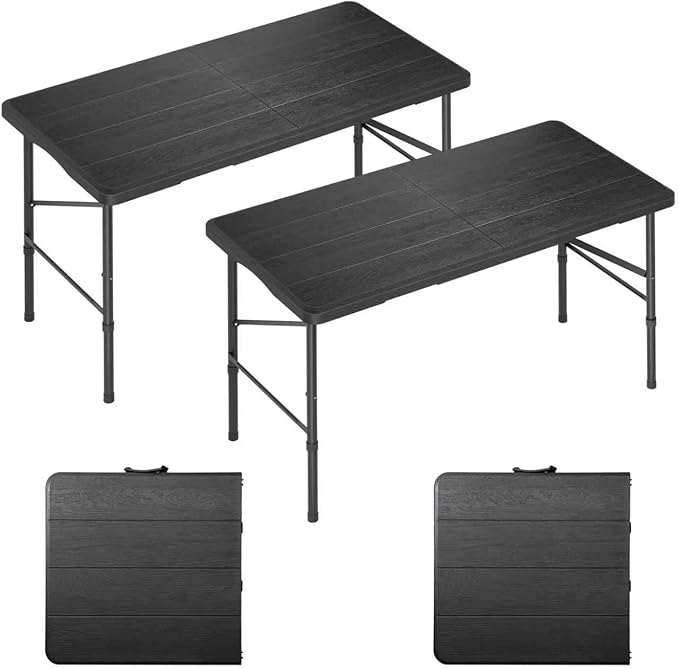4 Ft Plastic Folding Table,Heavy Duty Portable Table for Indoor & Outdoor,Wood Grain Desktop & 350lbs Weight Capacity,Premium Solutions for Camping,Picnic,BBQ and Party