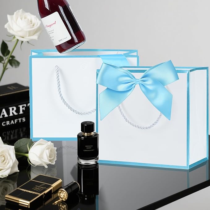 SHIPKEY 10 PCS Blue Gift Bags, 7.4"x2.8"x5.9" Small Welcome Bags, Luxury Shopping Bag with Ribbon Handle and Bows (18.8x7x14.8cm)