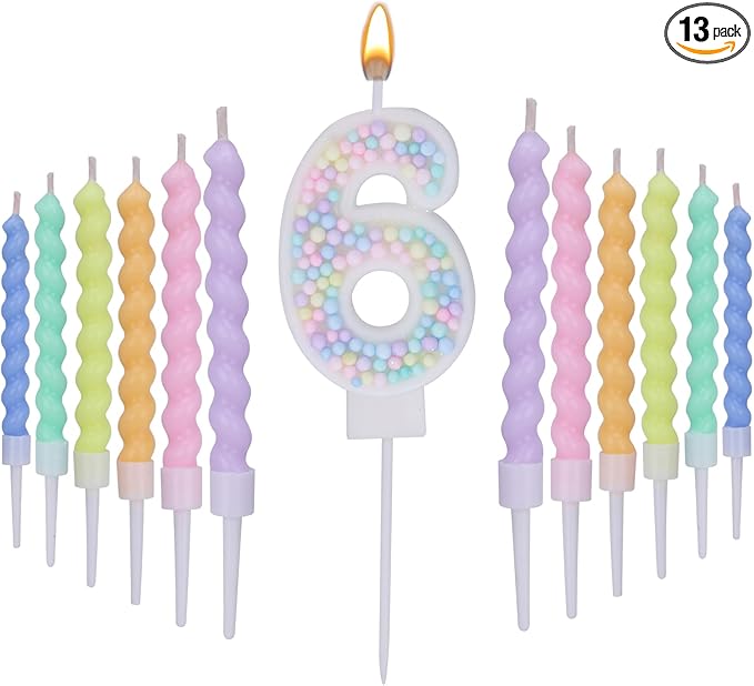 Number 6 Birthday Candles for Cake with 17 Pieces Spiral Candles with Macaron Pastel Rainbow Pink Cake Toppers for Girls Happy Birthday Party Decorations