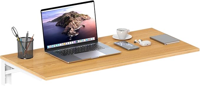 Need Wall Mounted Desk - Heavy Duty Folding Work Table Length 36" Width 20"/Small Space Hanging Desk Perfect Addition to Home/Office/Kitchen & Dining Room Teak&White AC15-9050TW-ND