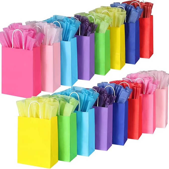 BLEWINDZ 32 Pieces Gift Bags with 32 Tissues, 8 Colors Party Favor Bags with Handles, Rainbow Gift Bag for Wedding, Birthday, Party Supplies and Gifts
