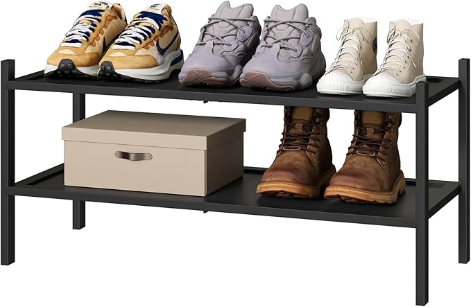 kiplant 2-Tier Black Bamboo Shoe Rack, Stackable Bamboo Wood Shoe Rack for Closet, Entryway & Hallway
