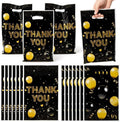 ANGOLIO Birthday Treat Party Bags - 50Pcs Black and Gold Party Favors Bags Print Easter Black Gold Balloon with Handles Plastic Gifts Bags Thank You Birthday Snack Bags Happy Party Favor Supplies