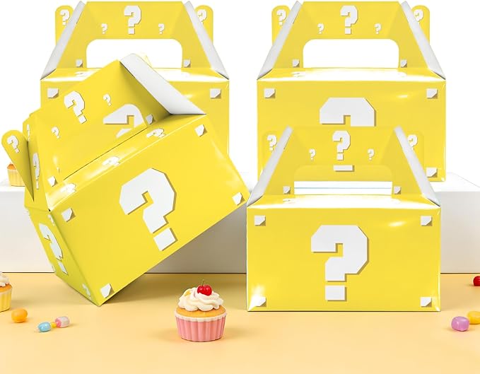 12 Pack Pixel Video Game Question Mark Birthday Party Candy Boxes, Yellow Surprise Gift Boxes with Handles for Adults, Boys & Girls, Ideal for Pixel Mining World Theme Party Favors and Decorations