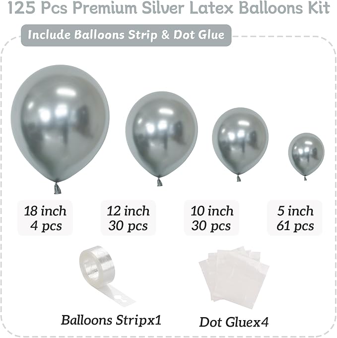 Silver Balloon Arch Kit, 125 Pcs Silver Balloons Different Sizes 18 12 10 5 Inch Metallic Silvers Balloons for Birthday Wedding Graduation Baby Shower New Year Party Decoration